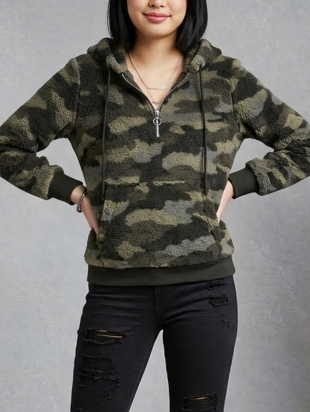 Camo Teddy Jacket Womens Size XL Green Black